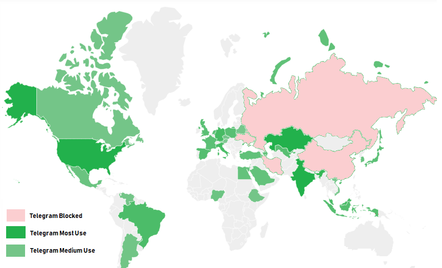 Map of countries in which Telegram is Active or blocked